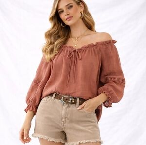 Parallel Skies Terracotta Blouse Crochet Detail Boho Cottagecore Peasant Large